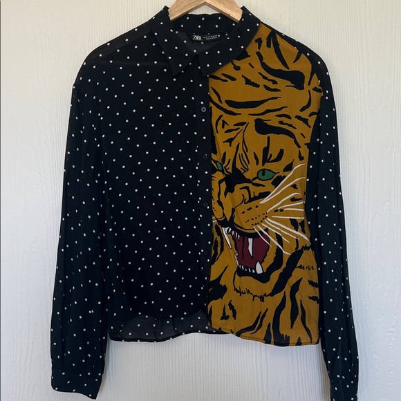Zara - Tiger Black Polka Dot Button Down Long Sleeve Blouse Size Medium - Picture 6 of 8